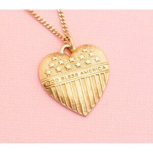 Vintage "God Bless America" Gold Tone Heart Necklace | 18 inch | Avon | H12